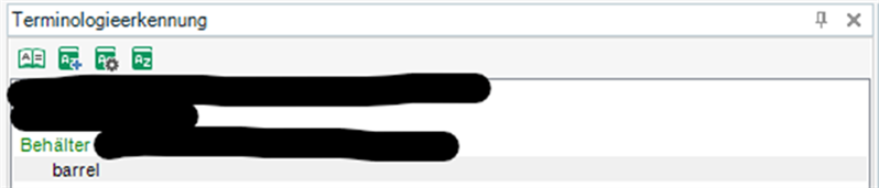 Screenshot of Trados Studio term recognition window showing a source term and its recommended translation, with other terms redacted.