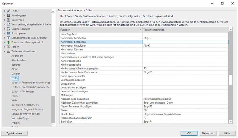 Screenshot of AutoHotKey's shortcut configuration window showing duplicate shortcuts for 'edit comment' and 'concordance search'.