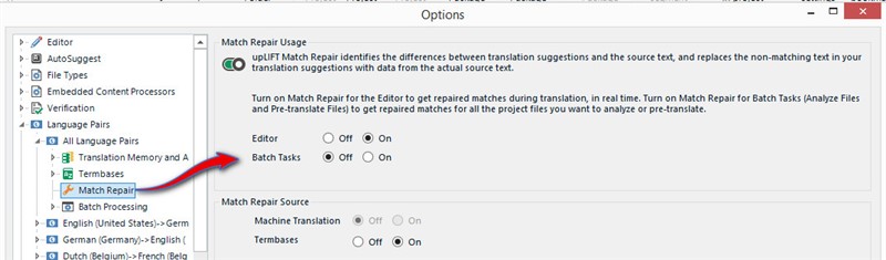 Trados Studio Options window showing Match Repair settings with Batch Tasks option turned on, indicated by a red arrow.