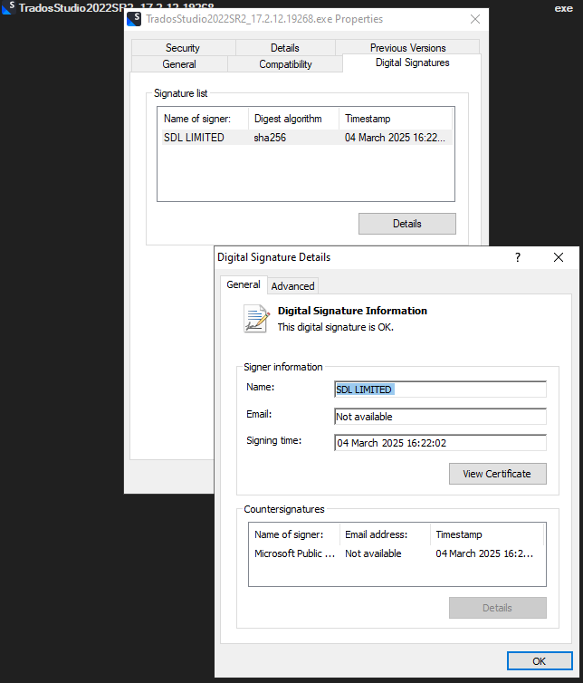 Screenshot of TradosStudio2022SR2 installer properties showing Digital Signatures tab with a valid signature from SDL LIMITED.