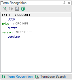 Screenshot of Trados Studio's Term Recognition pane showing a list of terms such as 'USER', 'price', and 'version' with their corresponding translations next to 'MICROSOFT'.