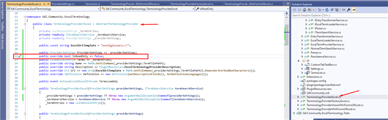 Screenshot of Trados Studio code editor showing the ExcelTerminologyProvider class with the IsReadOnly property set to false, highlighted with a red arrow. Solution Explorer on the right shows the project structure.