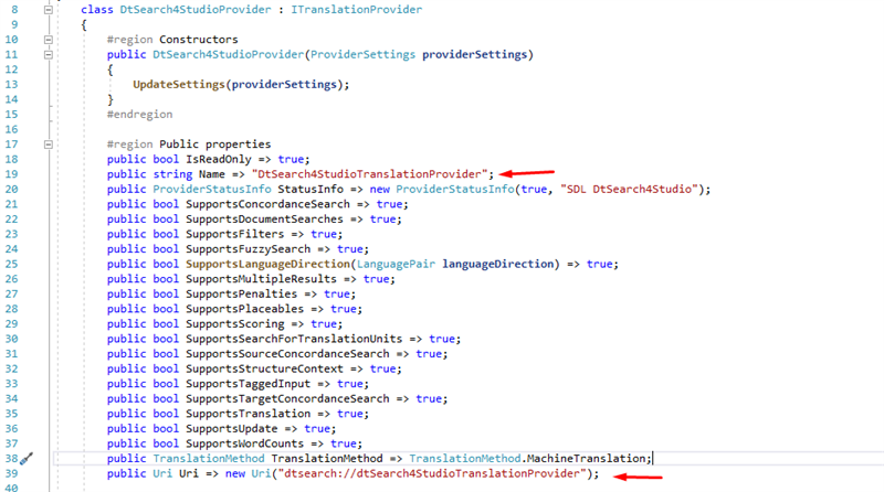 Screenshot of Trados Studio's ITranslationProvider interface code with two red arrows pointing to the provider name 'DtSearch4StudioTranslationProvider' and the Uri 'dtsearch:dtSearch4StudioTranslationProvider'.
