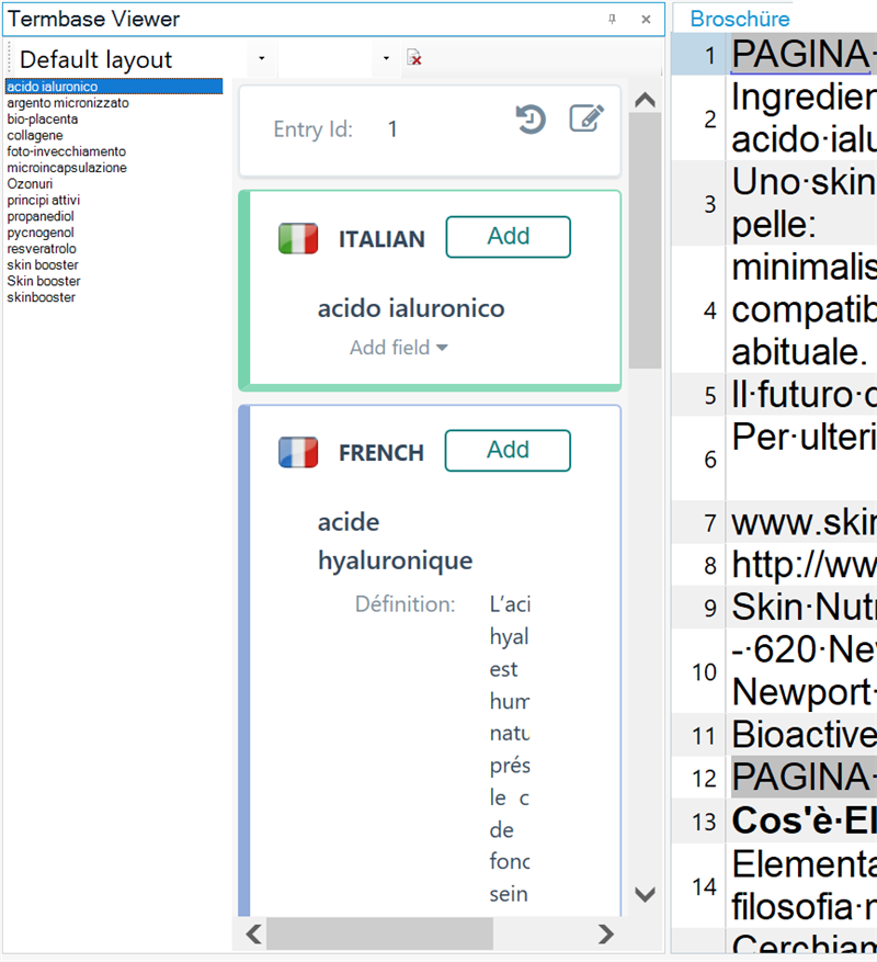 Screenshot of Trados Termbase Viewer showing multiple terms in Italian and French with the term 'acido ialuronico' highlighted.