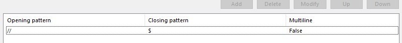 Trados Studio screenshot showing a dialog box with fields for 'Opening pattern' and 'Closing pattern' filled with '*' and '*' respectively, and a 'Multiline' field marked as 'False'.