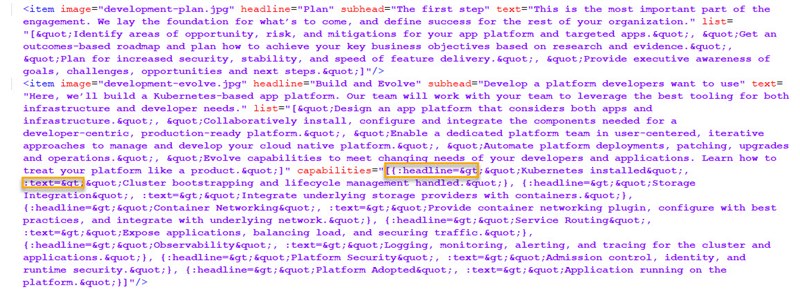 Screenshot of an XML file showing code with placeholders for headlines and text attributes within item tags.