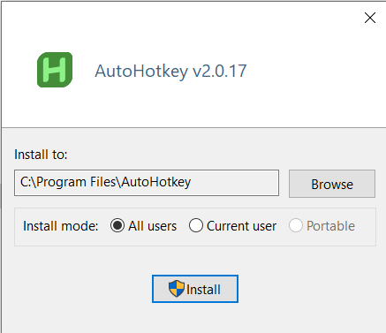 AutoHotkey v2.0.17 installation window with options to install to 'C:Program FilesAutoHotkey', and install modes for 'All users', 'Current user', or 'Portable'.