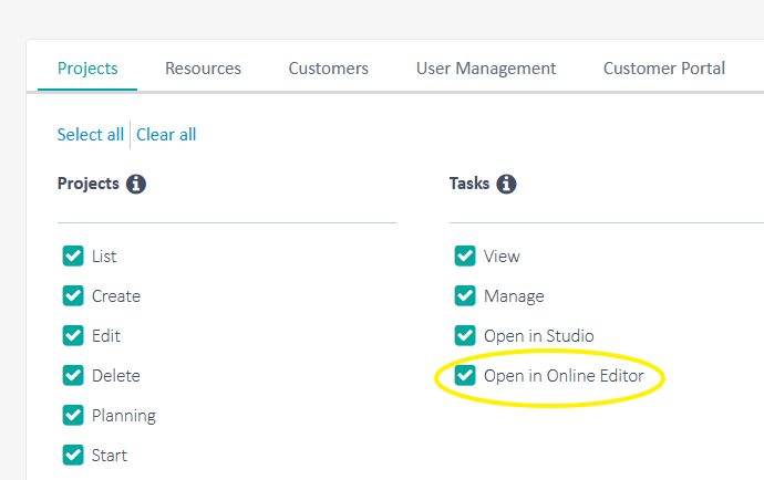 Trados Team cloud portal screenshot showing Projects tab with various permissions such as List, Create, Edit, Delete, Planning, Start, and a highlighted 'Open in Online Editor' option under Tasks.