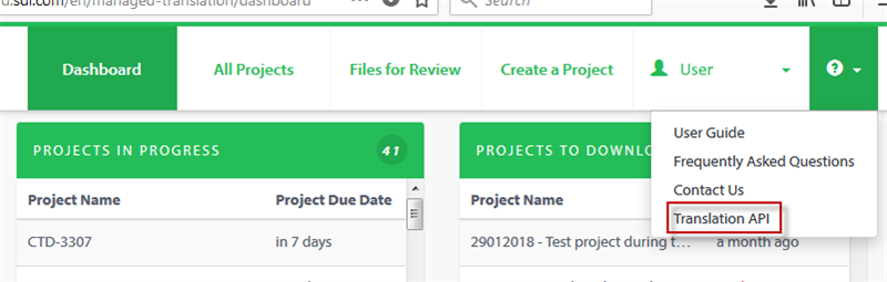 Trados Studio dashboard with a user dropdown menu open showing 'Translation API' option highlighted with a red box.