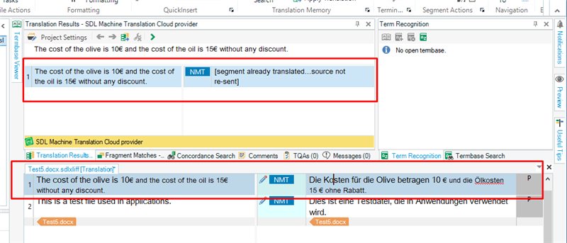 Trados Studio interface showing a warning message 'Segment already translated...source not re-sent' next to a translated segment.