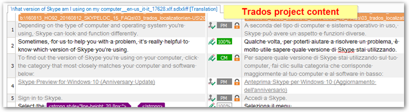 Screenshot of Trados Studio project content showing a side-by-side comparison of source and target text with 100% match indicators.