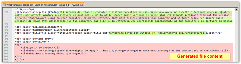 Screenshot of generated file content in XML format displaying code and text for a Skype application, with visible CDATA section.
