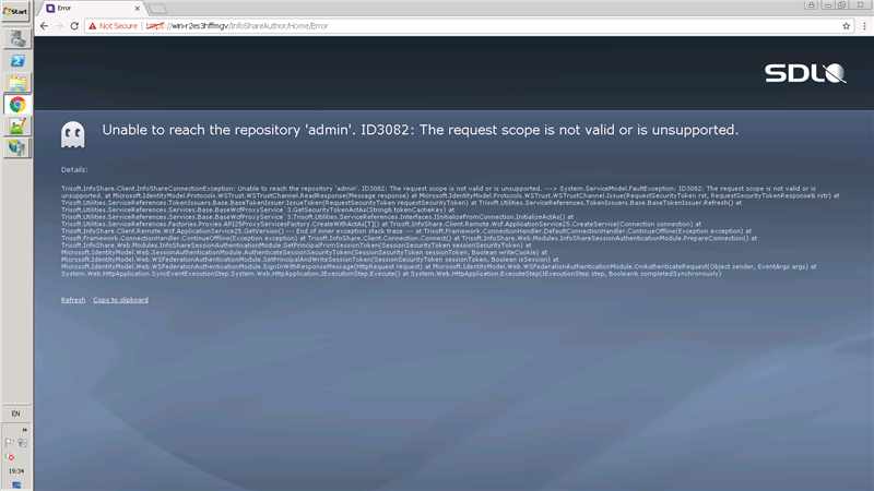 Error message on a developer forum page saying 'Unable to reach the repository 'admin'. ID3082: The request scope is not valid or is unsupported.' with a detailed stack trace below.