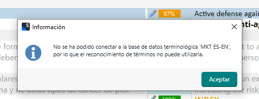 Error message in Trados Studio stating 'Cannot connect to the terminology database MKT ES-EN, so term recognition cannot be used.' with an Accept button.