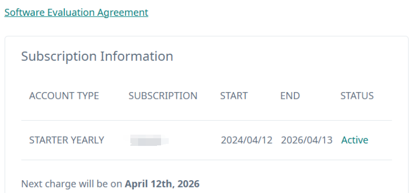 Subscription Information screen showing account type as 'Starter Yearly,' subscription start date 20240412, end date 20260413, status 'Active,' and next charge on April 12th, 2026.