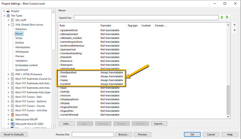 Trados Studio Project Settings showing XML file type rules with 'introtext' highlighted as 'Not translatable'.