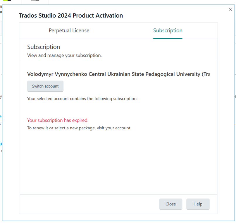 Trados Studio 2024 Product Activation window showing subscription details. Text in red reads: 'Your subscription has expired. To renew it or select a new package, visit your account.'