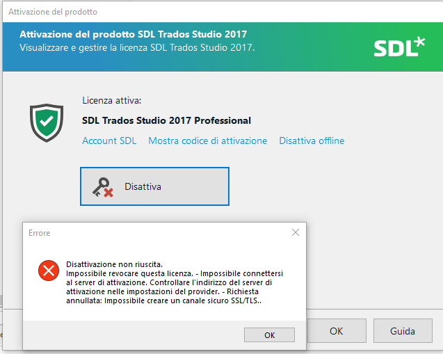 SDL Trados Studio 2017 activation window showing an active license with a deactivate button and an error message stating deactivation failed, cannot connect to activation server, and cannot create SSLTLS secure channel.