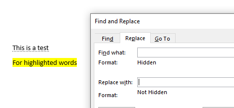 'Find and Replace' dialog box showing 'Find what' field set to 'Format: Hidden' and 'Replace with' field set to 'Format: Not Hidden'.