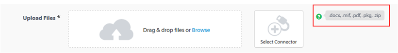 Screenshot showing an 'Upload Files' section with a cloud upload icon and options to drag and drop files or browse. A tooltip with a warning icon displays supported file extensions: .docx, .mif, .pdf, .pkg, .zip.