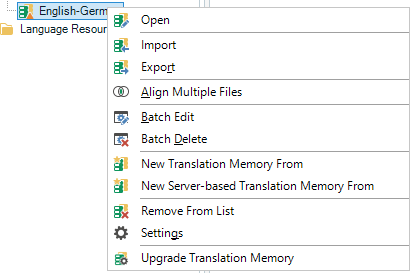 context menu in Translation Memories view