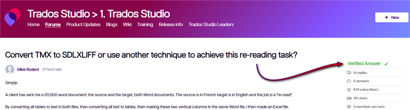Screenshot of a Trados Studio forum thread titled 'Convert TMX to SDLXLIFF or use another technique to achieve this re-reading task?' with a verified answer marked by a green checkmark.