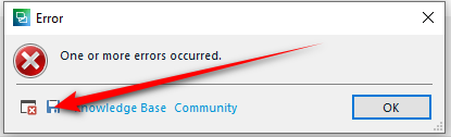 Screenshot showing the error message the user reported but pointing to the disk icon they could have clicked on to provide the full error details.