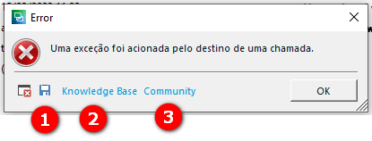 Screenshot showing the error message and marked up with numbers relating to a list that follows in the forum reply.