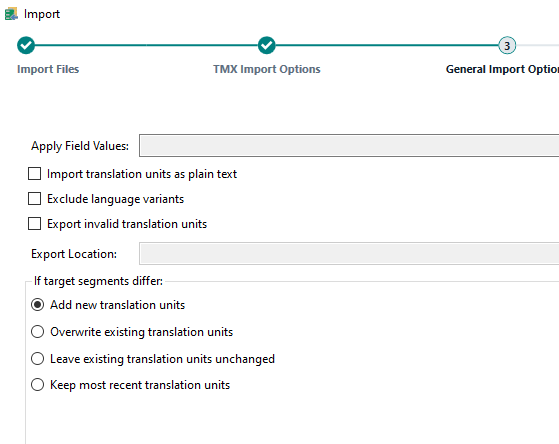 Trados Studio TMX Import Options tab with 'Add new translation units' option checked.
