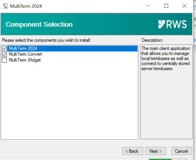 Installation window for MultiTerm 2024 showing Component Selection. Options include MultiTerm 2024, MultiTerm Convert, and MultiTerm Widget with descriptions on the right.