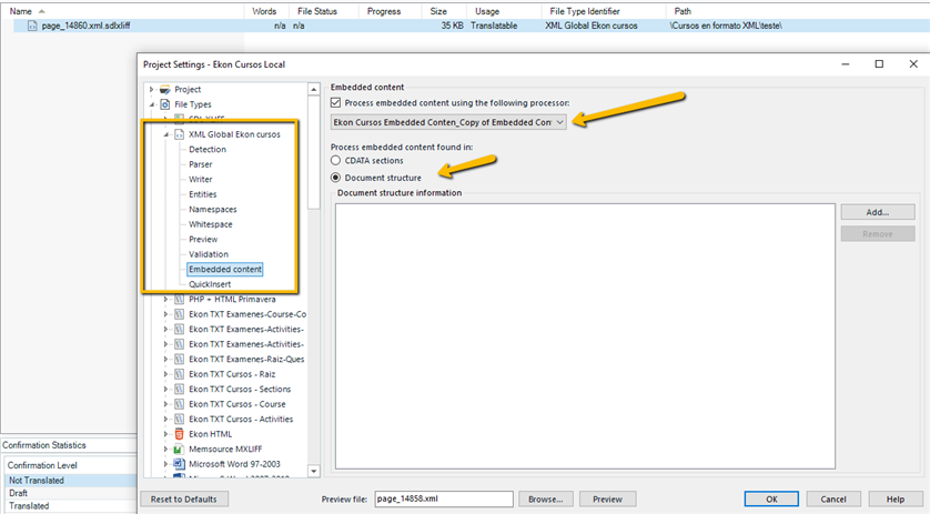 Trados Studio Project Settings with 'Embedded content' selected, showing 'Ekon Curso Embedded Content' processor in use.