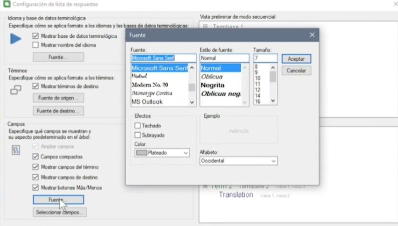 A settings window in Trados Studio showing font options, including font type, style, size, effects, and color, with a preview example and buttons for Accept and Cancel.