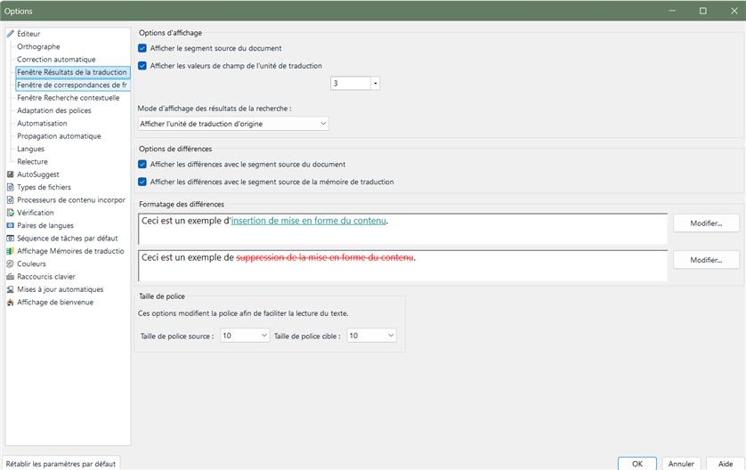 Trados Studio 2024 options window showing settings for translation results and differences, with examples of text formatting for insertions in green and deletions in red.