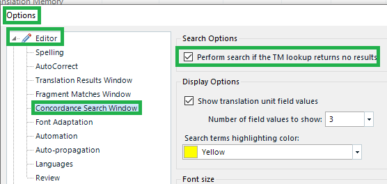 Trados Studio Options menu with Editor settings expanded showing 'Concordance Search Window' selected. A checked option 'Perform search if the TM lookup returns no results' is visible.