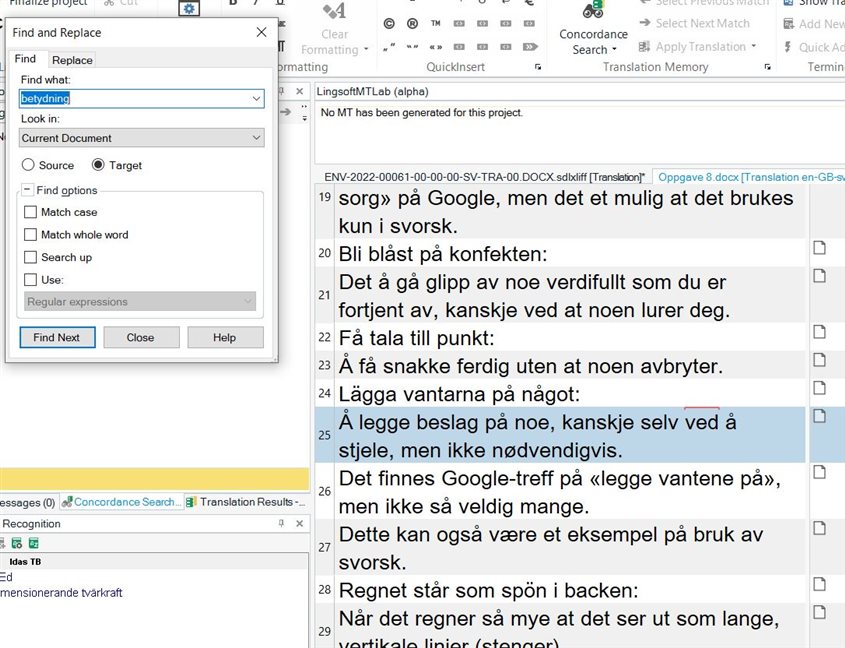 Trados Studio search window open with the term 'betydning' entered in the 'Find what' field, editor window in the background showing a segment selected.