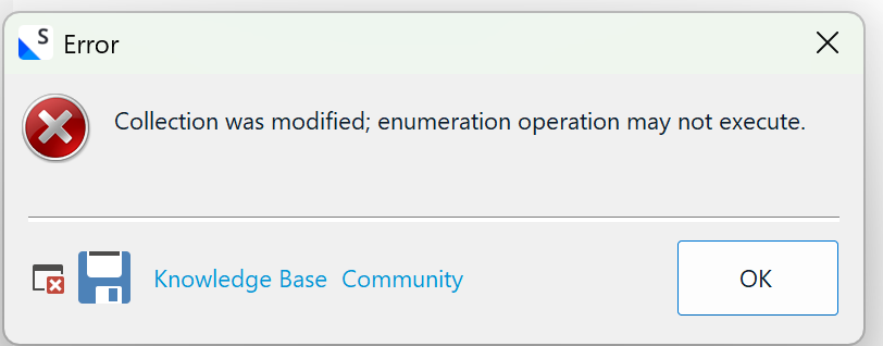 Error dialog with red X icon stating 'Collection was modified; enumeration operation may not execute.' Includes buttons for 'Knowledge Base,' 'Community,' and 'OK.'