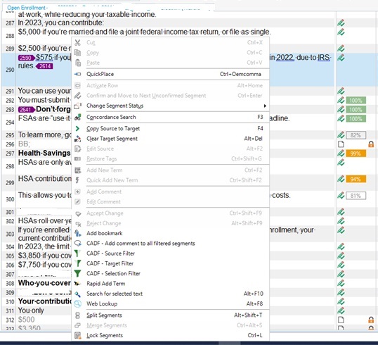Trados Studio screenshot of a non-editable source segment listed as a list item, context menu open without the 'Edit Source' option.