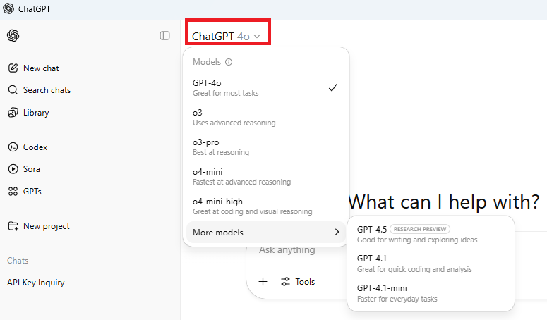 Screenshot of the ChatGPT interface showing the model selection dropdown. The selected model is 'ChatGPT 4.0', with options like GPT-4.5, GPT-4.1, and o4-mini-high visible.