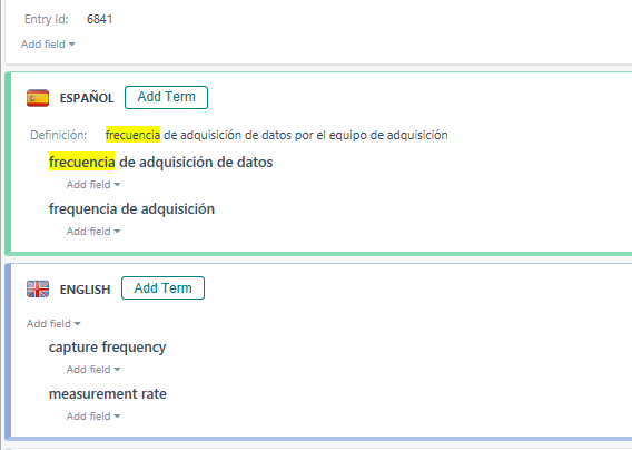 Screenshot of MultiTerm 2024 entry showing Spanish and English terms related to 'data acquisition frequency' with no visible errors or warnings.