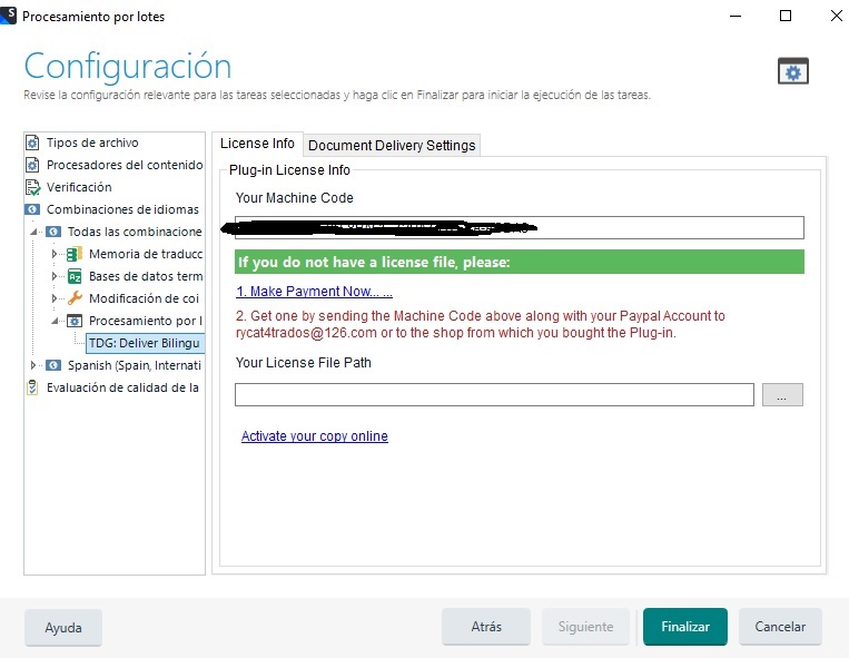 Trados Studio plugin configuration window with a warning message stating 'If you do not have a license file, please: 1. Make Payment Now... 2. Get one by sending the Machine Code above along with your Paypal Account to email address or to the shop from which you bought the Plug-in.'
