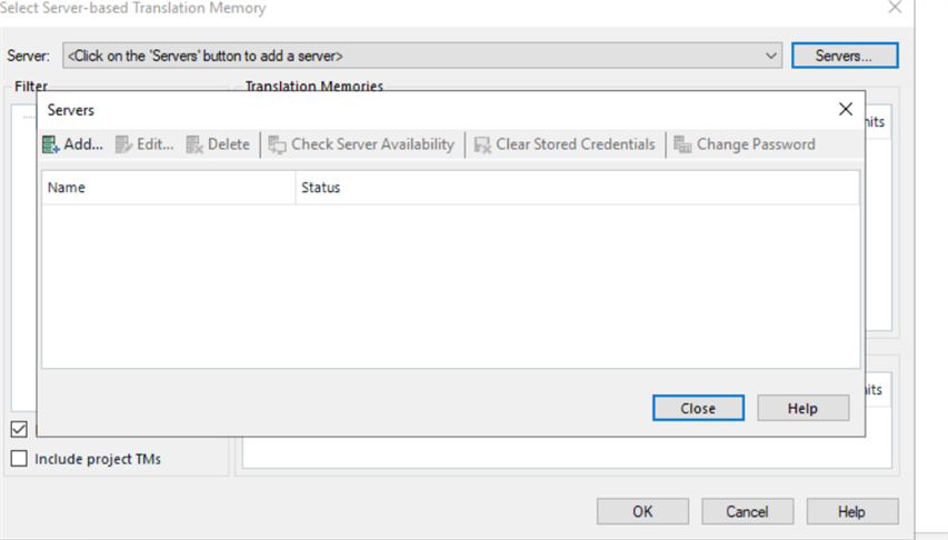 Trados Studio dialog box for selecting server-based Translation Memory with an empty server list and a 'Servers' button highlighted for adding a new server.