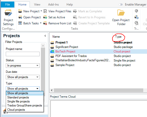 Trados Studio screenshot showing the Project View with a list of projects. The 'Type' column indicates 'Studio project', 'Cloud project', and 'Studio file project'.