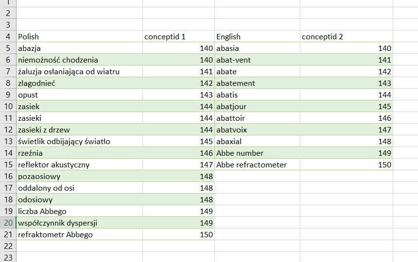 Screenshot of a bilingual Excel table with Polish terms in column A, concept ID numbers in column B, English terms in column C, and a second set of concept ID numbers in column D. The entries are misaligned with synonyms in separate rows.