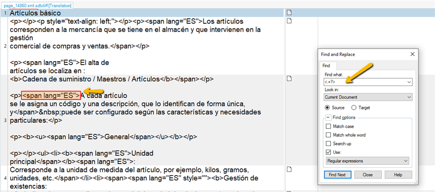 Screenshot of Trados Studio with an XML file open, showing HTML tags within the text. A 'Find and Replace' dialog box is open with a regex query entered.