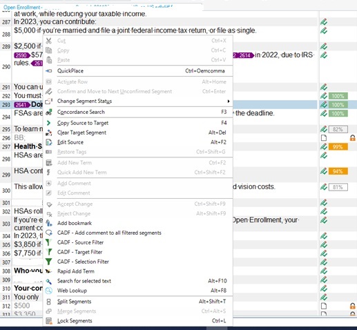 Trados Studio screenshot with an editable source segment containing tags, context menu displayed with 'Edit Source' option enabled.