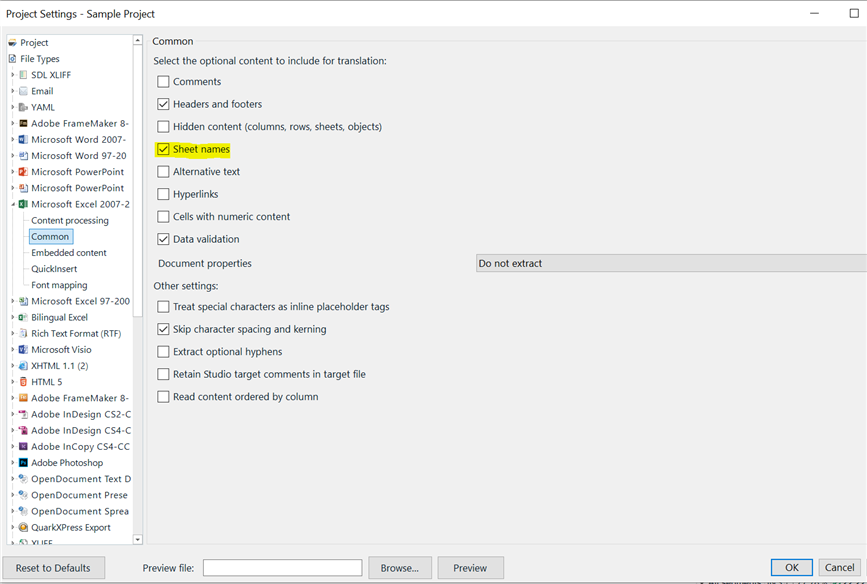 Trados Studio Project Settings dialog with File Types selected, highlighting the 'Sheet names' option under Excel file type to be deselected.