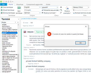 Trados Studio error message 'Il numero di voce non esiste in questo termbase' with an 'OK' button, indicating the entry number does not exist in the termbase.