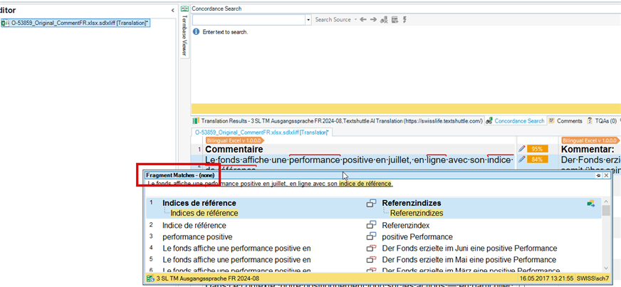 Trados Studio Editor view displaying the Fragment Matches window with no matches and highlighted translation results.
