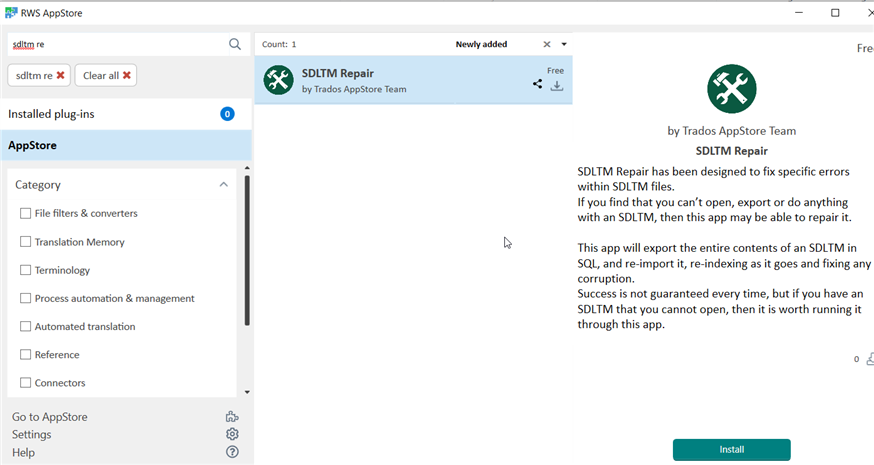 Screenshot of Trados Studio's RWS AppStore showing the SDLTM Repair plugin by Trados AppStore Team. The description states it fixes specific errors in SDLTM files and can repair corruption.
