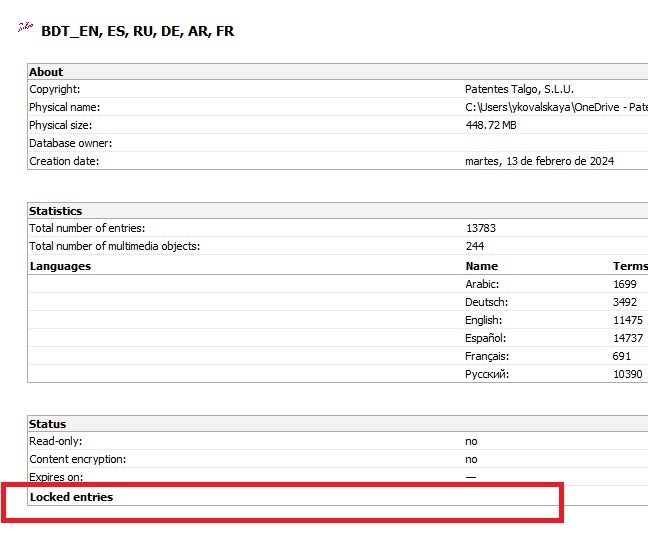Trados Studio database properties showing a section labeled 'Locked entries' highlighted in red without any IDs listed.